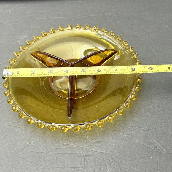 Vintage Amber Glass 3 Divided Serving Plate Dish Beaded Edge 70s 80s Art Deco - Picture 3 of 10